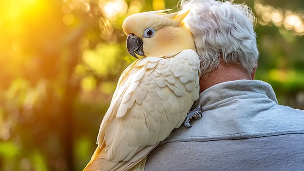 Gentle Giant Bird Perched on a Man's Shoulder Outdoors. photo