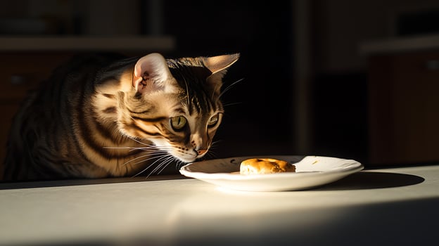 Curious Bengal cat eyes tempting pastry on a plate in sunlight. photo