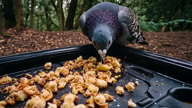 Close Up Of A Pigeon Eating Food In A Forest. photo