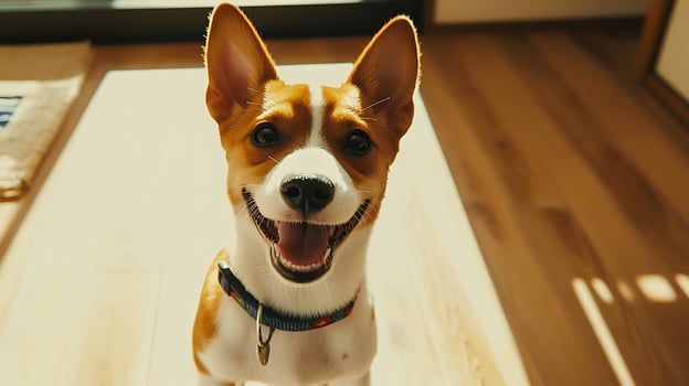 Adorable Corgi Dog Showing a Big Happy Smile Indoors. photo