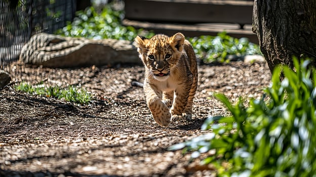Adorable Lion Cub Takes Confident Steps Forward in Natural Sunlight. photo