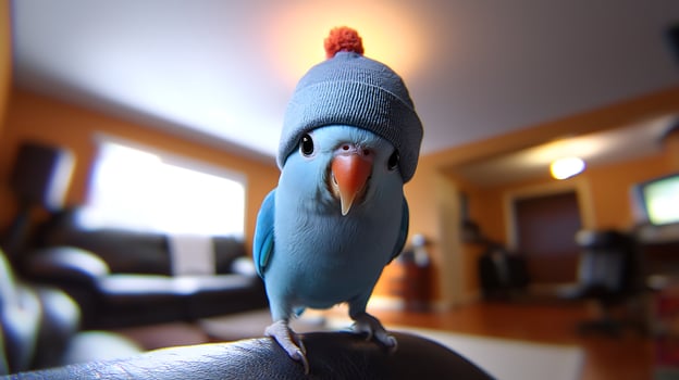Adorable blue parrot wearing a cute blue beanie with a pom pom. photo