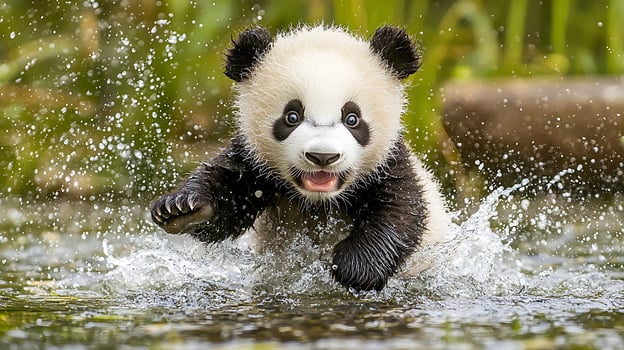 Adorable Panda Cub Splashing Joyfully in Water Amidst Greenery. photo