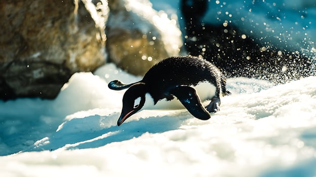 Penguin takes a splash in the icy water, a dynamic frozen moment. photo