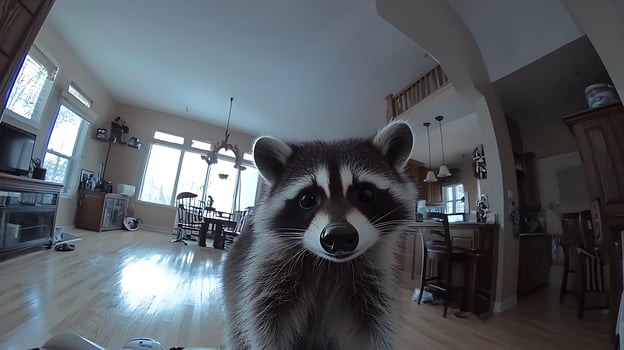 Curious Raccoon Peeks into a Home Kitchen and Dining Area. photo
