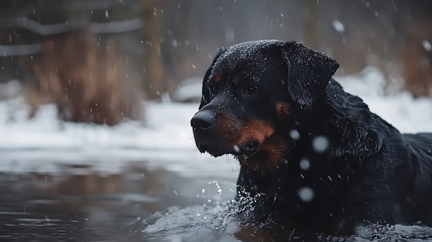 Rottweiler enjoys a refreshing swim in cold winter snow shower. photo