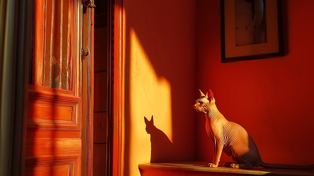 Elegant Sphinx Cat Bathed in Warm Golden Sunlight by the Window. photo