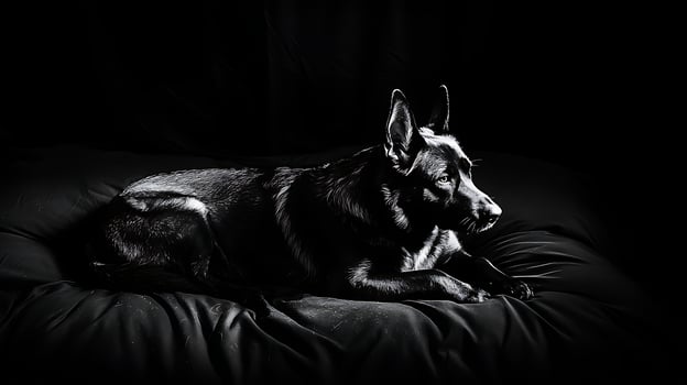 Dramatic Black and White Portrait of a German Shepherd Dog Lying Down. photo