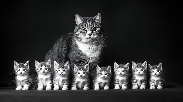 A Mother Cat and Her Adorable Litter of Kittens Posed Together. photo