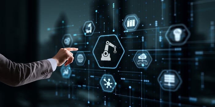 Hand pressing butto RPA icon Robotic Process Automation system. Artificial intelligence concept photo