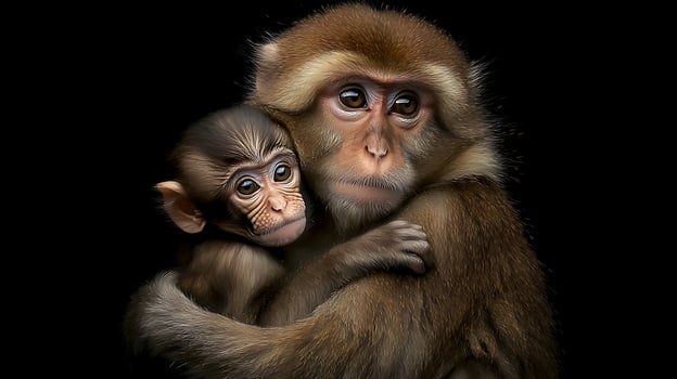 Tender Embrace Mother Monkey Cradles Her Baby Against a Dark Background. photo