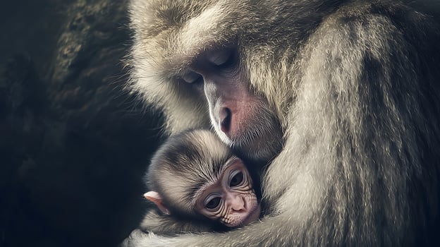 Tender Moment Between Mother and Baby Monkey in Soft Light. photo