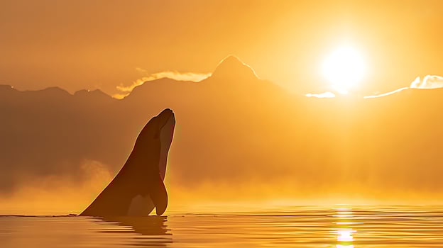 Orca breaching in golden sunrise ocean with mountain backdrop. photo