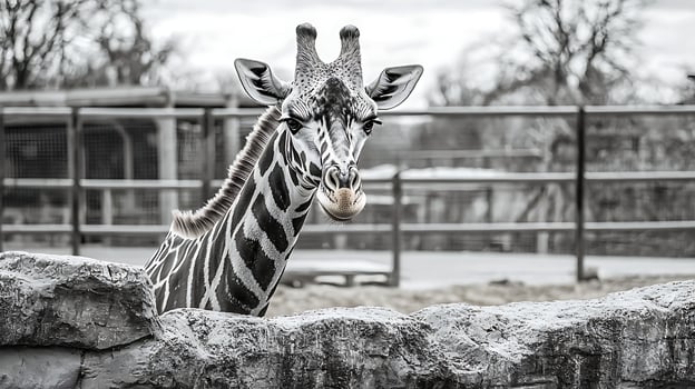 A Close Up Look at a Majestic Giraffe's Face in Black and White. photo