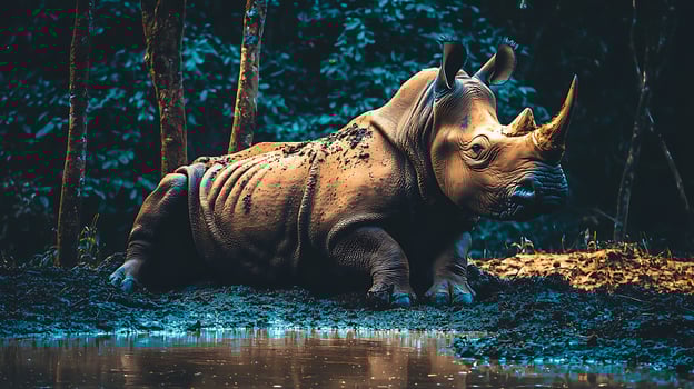 Majestic Rhino Rests by Water in a Dim Forest Setting. photo