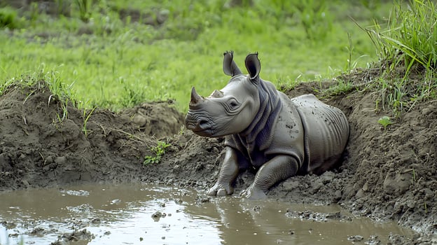 Adorable baby rhino enjoys a refreshing mud bath in a grassy field. photo