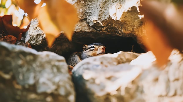 Curious Chipmunk Peeks Out From Rocky Den Amidst Autumn Leaves. photo