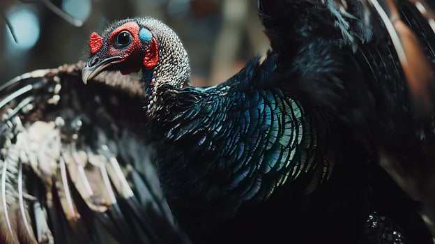 Close up of a Guinea fowl with colorful feathers and striking features. photo