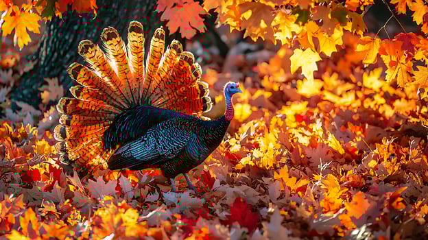 Majestic Turkey Displays Vibrant Plumage Amidst Autumn Leaves. photo