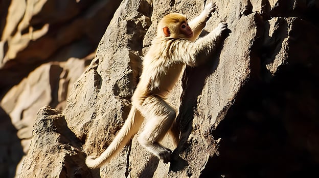 Agile Monkey Climbs Rocky Cliff Face in Sunlight. photo