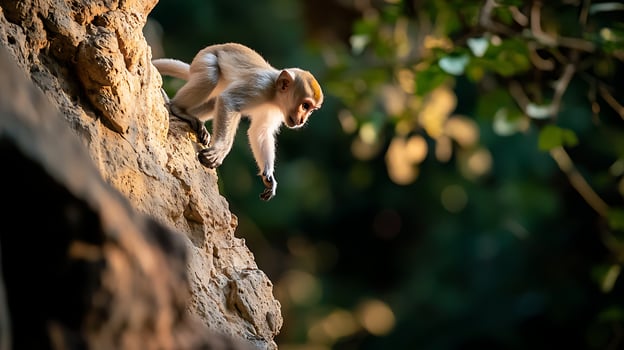 Curious Young Monkey Descends Rock Face into Lush Greenery. photo