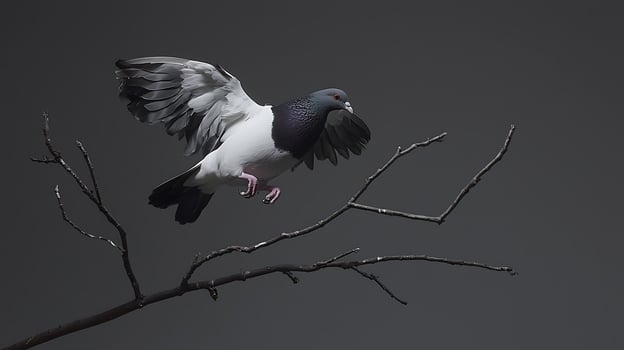 Pigeon taking flight from a bare tree branch against a dark background. photo