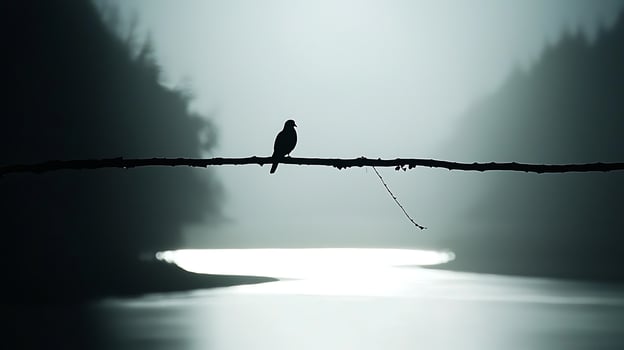 Lone Bird Perched on a Branch Above a Foggy, Reflective Lake. photo