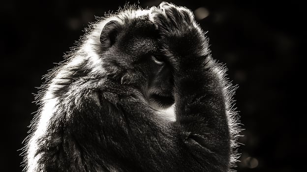 Contemplative Primate in Dramatic Black and White Backlighting. photo