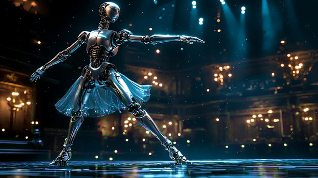 Futuristic Robot Dancer Performs Graceful Ballet Moves on Stage. photo