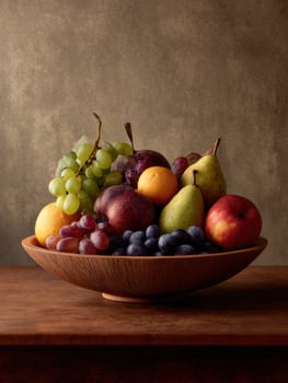 Classic Still Life of Vibrant Fruit Bowl With Grapes, Pears, Apples, and Citrus on Wooden Surface Against a Modern Flat Background photo