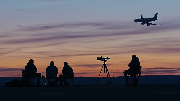People watching plane land during a beautiful sunset on the tarmac. photo