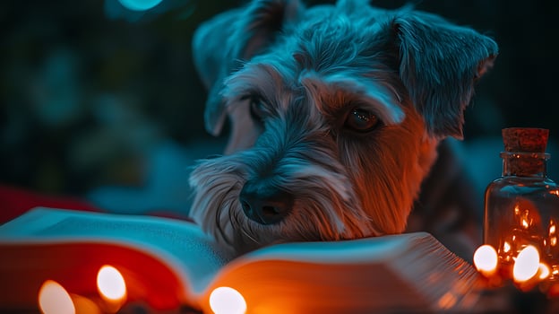 Cozy Dog Reads a Book by Warm Candle Light. photo