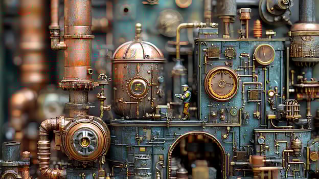 Intricate Steampunk Machine With Copper Pipes And A Tiny Figure. photo
