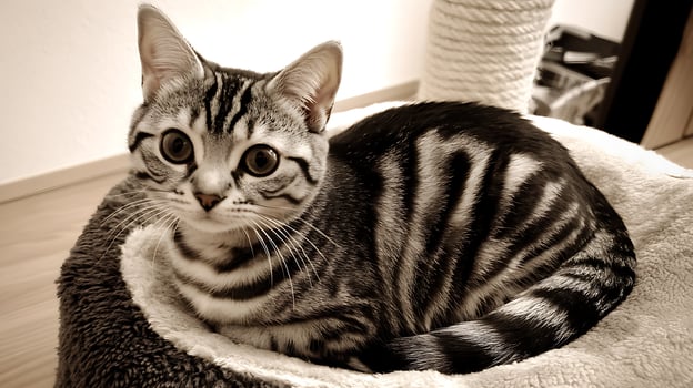 Adorable Striped Kitten Looking Curious in Cozy Bed. photo