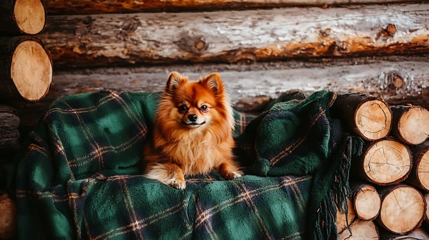 Adorable Pomeranian Dog Cozy in Plaid Blanket by Log Wall. photo