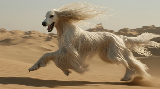 Majestic Afghan Hound Runs Free Across Sun Drenched Desert Dunes. photo