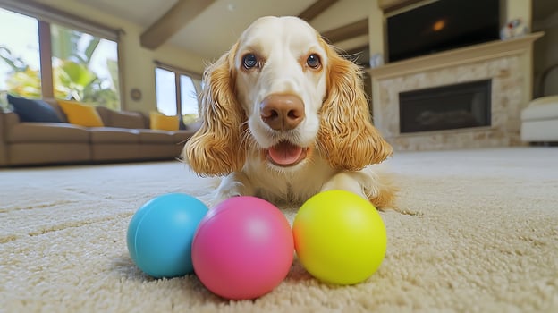 Adorable dog waiting to play with colorful balls in cozy living room. photo