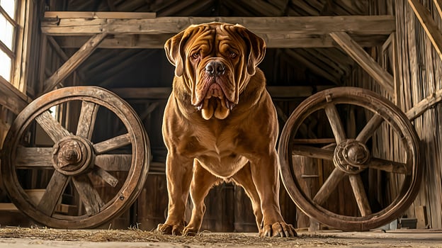 Majestic dog stands guard with antique wagon wheels in a rustic barn. photo