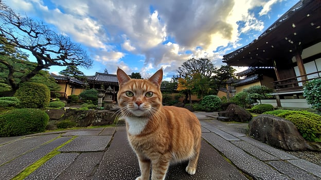 Adorable Ginger Cat Explores Serene Japanese Garden with Dramatic Sky. photo