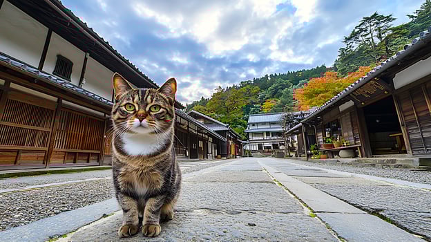 Curious Cat Explores Ancient Japanese Village During Autumn Foliage. photo