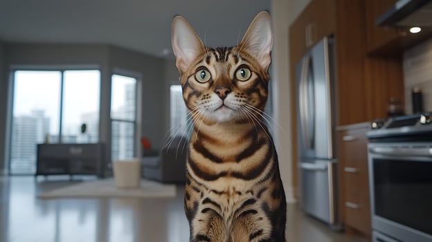Curious Bengal Cat Peers Out From Kitchen Corner. photo