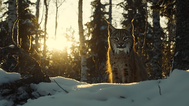 Lynx in Golden Sunset Light on a Snowy Winter Day. photo