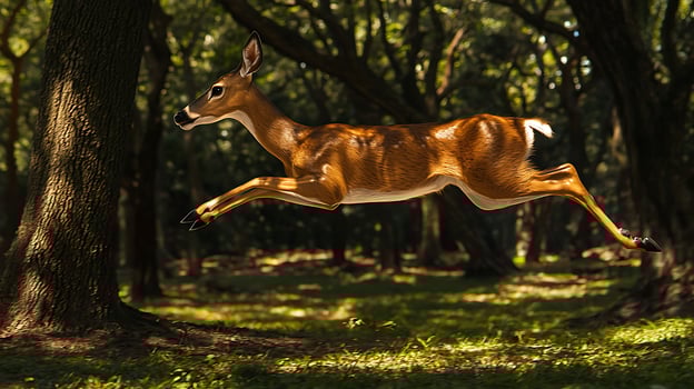 Majestic deer leaps through sunlit forest glade with grace. photo