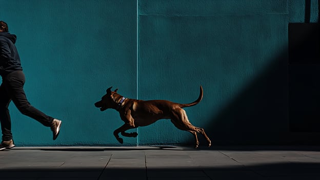 Energetic Dog and Person Running Together Against a Teal Wall. photo