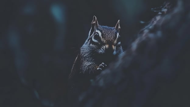 Close up of a cute chipmunk peeking from the dark woods. photo