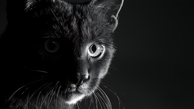 Mysterious Black Cat Face Emerging from Shadows, Striking Detail. photo