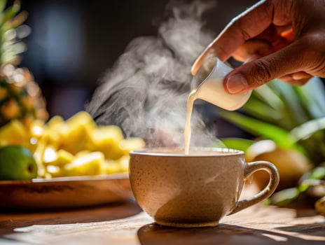 Adding cream to hot beverage near pineapple slices photo