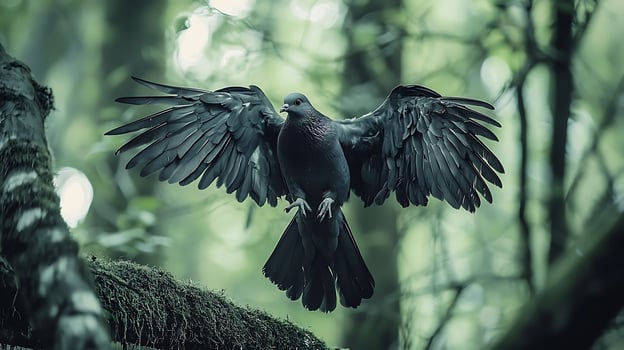 Majestic pigeon with wings spread in lush forest setting. photo