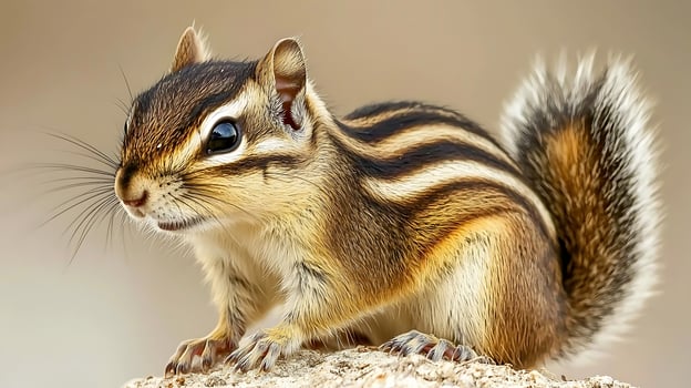 Adorable Chipmunk Close Up Portrait with Striped Fur and Bushy Tail. photo