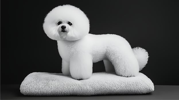 Adorable fluffy white dog posing on a textured cushion. photo